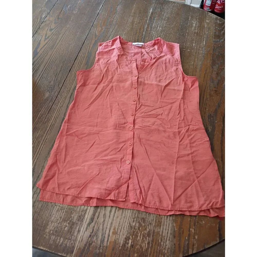 Large Van Heusen Coral Sleeveless V Neck Tank Top Muscle Shirt Casual Button